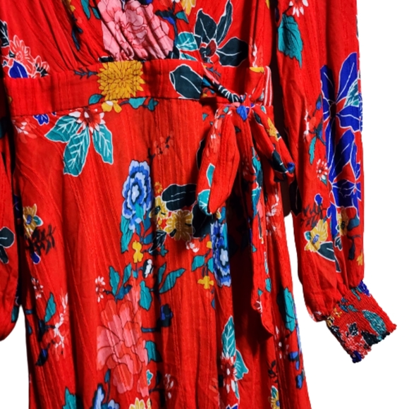 Anthropologie Boswell long sleeves wrap ruffle floral dress color red/blue size2 - Picture 4 of 8